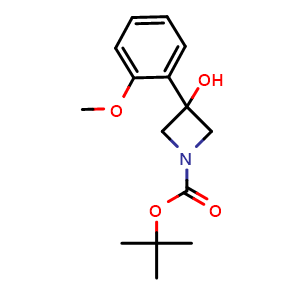 Chemical structure of 1,1-Dimethylethyl 3-hydroxy-3-(2-methoxyphenyl)-1-azetidinecarboxylate , CAS 1496354-73-4, AChemBlock AD293951