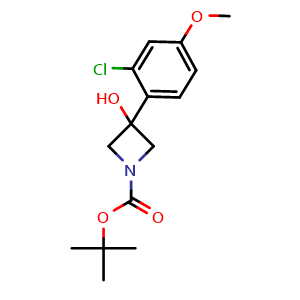 Chemical structure of 1,1-Dimethylethyl 3-(2-chloro-4-methoxyphenyl)-3-hydroxy-1-azetidinecarboxylate , CAS 2130017-51-3, AChemBlock AD293953