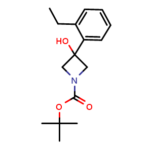 Chemical structure of 1,1-Dimethylethyl 3-(2-ethylphenyl)-3-hydroxy-1-azetidinecarboxylate , CAS 1609671-86-4, AChemBlock AD293954