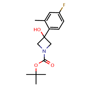 Chemical structure of 1,1-Dimethylethyl 3-(4-fluoro-2-methylphenyl)-3-hydroxy-1-azetidinecarboxylate , CAS 1494598-59-2, AChemBlock AD293956