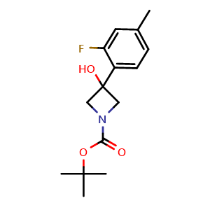 Chemical structure of 1,1-Dimethylethyl 3-(2-fluoro-4-methylphenyl)-3-hydroxy-1-azetidinecarboxylate , CAS 2168306-06-5, AChemBlock AD293960