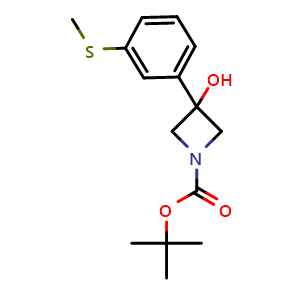 Chemical structure of 1,1-Dimethylethyl 3-hydroxy-3-[3-(methylthio)phenyl]-1-azetidinecarboxylate , CAS 2165125-22-2, AChemBlock AD293961