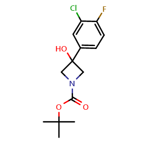Chemical structure of 1,1-Dimethylethyl 3-(3-chloro-4-fluorophenyl)-3-hydroxy-1-azetidinecarboxylate , CAS 2012815-60-8, AChemBlock AD293964