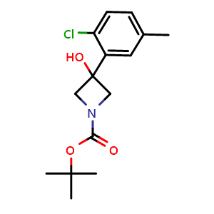 Chemical structure of 1,1-Dimethylethyl 3-(2-chloro-5-methylphenyl)-3-hydroxy-1-azetidinecarboxylate , CAS 1995093-94-1, AChemBlock AD293966