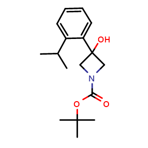 Chemical structure of 1,1-Dimethylethyl 3-hydroxy-3-[2-(1-methylethyl)phenyl]-1-azetidinecarboxylate , CAS 1875491-70-5, AChemBlock AD293967