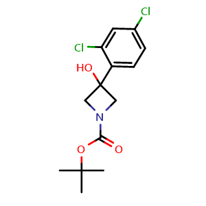 Chemical structure of 1,1-Dimethylethyl 3-(2,4-dichlorophenyl)-3-hydroxy-1-azetidinecarboxylate , CAS 1852826-91-5, AChemBlock AD293968