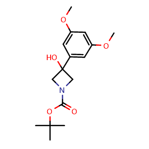 Chemical structure of 1,1-Dimethylethyl 3-(3,5-dimethoxyphenyl)-3-hydroxy-1-azetidinecarboxylate , CAS 1702099-73-7, AChemBlock AD293970