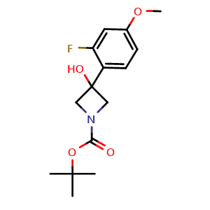 Chemical structure of 1,1-Dimethylethyl 3-(2-fluoro-4-methoxyphenyl)-3-hydroxy-1-azetidinecarboxylate , CAS 1696952-61-0, AChemBlock AD293972