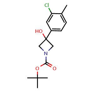 Chemical structure of 1,1-Dimethylethyl 3-(3-chloro-4-methylphenyl)-3-hydroxy-1-azetidinecarboxylate , CAS 1690778-72-3, AChemBlock AD293974