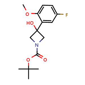 Chemical structure of 1,1-Dimethylethyl 3-(5-fluoro-2-methoxyphenyl)-3-hydroxy-1-azetidinecarboxylate , CAS 1546719-90-7, AChemBlock AD293976