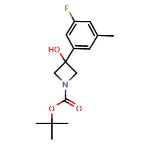Chemical structure of 1,1-Dimethylethyl 3-(3-fluoro-5-methylphenyl)-3-hydroxy-1-azetidinecarboxylate , CAS 1537962-97-2, AChemBlock AD293977