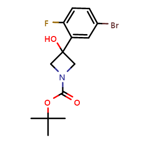 Chemical structure of 1,1-Dimethylethyl 3-(5-bromo-2-fluorophenyl)-3-hydroxy-1-azetidinecarboxylate , CAS 1515052-08-0, AChemBlock AD293978
