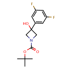 Chemical structure of 1,1-Dimethylethyl 3-(3,5-difluorophenyl)-3-hydroxy-1-azetidinecarboxylate , CAS 1496994-10-5, AChemBlock AD293981