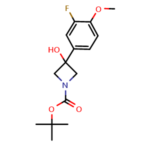 Chemical structure of 1,1-Dimethylethyl 3-(3-fluoro-4-methoxyphenyl)-3-hydroxy-1-azetidinecarboxylate , CAS 1492403-45-8, AChemBlock AD293982