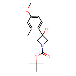 Chemical structure of 1,1-Dimethylethyl 3-hydroxy-3-(4-methoxy-2-methylphenyl)-1-azetidinecarboxylate , CAS 1488531-38-9, AChemBlock AD293985