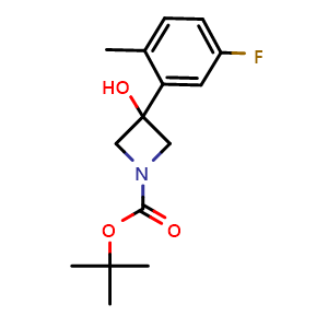 Chemical structure of 1,1-Dimethylethyl 3-(5-fluoro-2-methylphenyl)-3-hydroxy-1-azetidinecarboxylate , CAS 1484142-37-1, AChemBlock AD293987