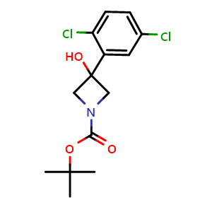 Chemical structure of 1,1-Dimethylethyl 3-(2,5-dichlorophenyl)-3-hydroxy-1-azetidinecarboxylate , CAS 1466757-62-9, AChemBlock AD293989