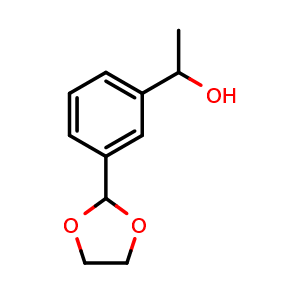 Chemical structure of 1-(3-(1,3-dioxolan-2-yl)phenyl)ethanol , CAS 2226784-54-7, AChemBlock AD294021