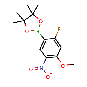 Chemical structure of 2-(2-fluoro-4-methoxy-5-nitrophenyl)-4,4,5,5-tetramethyl-1,3,2-dioxaborolane , CAS 2634648-09-0, AChemBlock AD294049