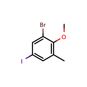 Chemical structure of 1-bromo-5-iodo-2-methoxy-3-methylbenzene , CAS 1820675-25-9, AChemBlock AD294156