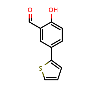 Chemical structure of 2-Hydroxy-5-(2-thienyl)benzaldehyde , CAS 215023-65-7, AChemBlock AD294209