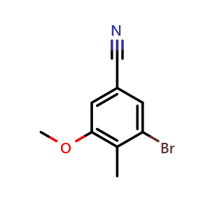 Chemical structure of 3-Bromo-5-methoxy-4-methylbenzonitrile , CAS 1891549-31-7, AChemBlock AD294223