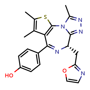 Chemical structure of 4-[(6S)-2,3,9-trimethyl-6-(1,3-oxazol-2-ylmethyl)-6H-[1,2,4]triazolo[4,3-a]thieno[3,2-f][1,4]diazepin-4-yl]phenol , CAS 3031623-51-2, AChemBlock AD294930
