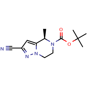 Chemical structure of tert-butyl (4R)-2-cyano-4-methyl-4H,5H,6H,7H-pyrazolo[1,5-a]pyrazine-5-carboxylate , CAS 2971747-34-7, AChemBlock AD294941