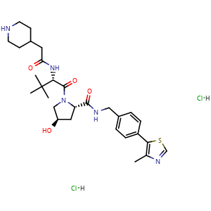 Chemical structure of (2S,4R)-1-[(S)-3,3-Dimethyl-2-[2-(piperidin-4-yl)acetamido]butanoyl]-4-hydroxy-N-[4-(4-methylthiazol-5-yl)benzyl]pyrrolidine-2-carboxamide dihydrochloride , CAS 3079386-70-9, AChemBlock AD294998