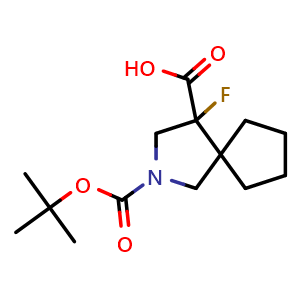 Chemical structure of 2-Boc-4-fluoro-2-azaspiro[4.4]nonane-4-carboxylic acid , CAS 3036889-41-2, AChemBlock AD295006
