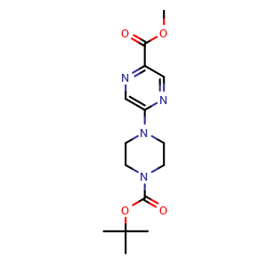Chemical structure of Methyl 5-(4-Boc-1-piperazinyl)pyrazine-2-carboxylate , CAS 1215626-40-6, AChemBlock AD295038