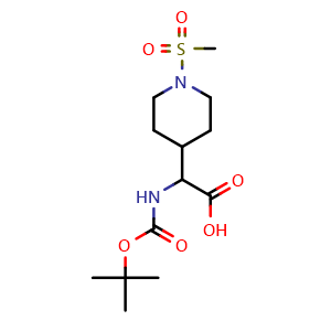 Chemical structure of 2-(Boc-amino)-2-[1-(methylsulfonyl)piperidin-4-yl]acetic acid , CAS 1995949-22-8, AChemBlock AD295040