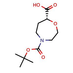 Chemical structure of (R)-4-Boc-1,4-oxazepane-7-carboxylic acid , CAS 2165774-40-1, AChemBlock AD295047