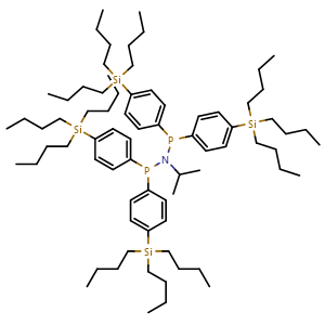 Chemical structure of N-[Bis[4-(tributylsilyl)phenyl]phosphanyl]-N-isopropyl-1,1-bis[4-(tributylsilyl)phenyl]phosphanamine , CAS 2305801-25-4, AChemBlock AD295060