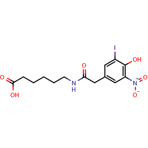 Chemical structure of 6-[2-(4-Hydroxy-3-iodo-5-nitrophenyl)acetamido]hexanoic acid , CAS 10463-29-3, AChemBlock AD295085
