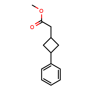 Chemical structure of Methyl 2-(3-Phenylcyclobutyl)acetate , CAS 2113788-45-5, AChemBlock AD295089