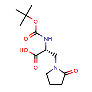 Chemical structure of N-Boc-(R)-2-amino-3-(2-oxopyrrolidin-1-yl)propanoic acid , CAS 2350099-62-4, AChemBlock AD295138