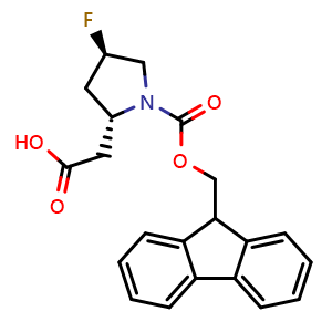 Chemical structure of (2R,4R)-1-Fmoc-4-fluoro-2-pyrrolidineacetic acid , CAS 2227791-15-1, AChemBlock AD295182
