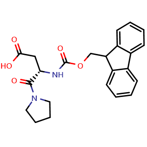 Chemical structure of (S)-3-(Fmoc-amino)-4-oxo-4-(pyrrolidin-1-yl)butanoic acid , CAS 2642072-00-0, AChemBlock AD295260