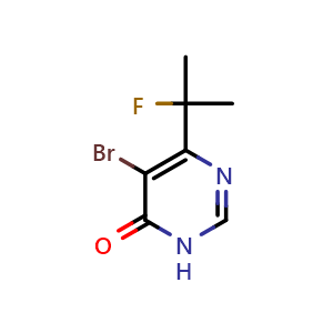 Chemical structure of 5-bromo-6-(2-fluoropropan-2-yl)pyrimidin-4(3H)-one , CAS 1823898-84-5, AChemBlock AD295293