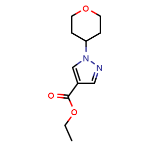 Chemical structure of ethyl 1-(tetrahydro-2H-pyran-4-yl)-1H-pyrazole-4-carboxylate , CAS 1499823-71-0, AChemBlock AD295298