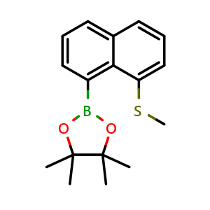 Chemical structure of 4,4,5,5-tetramethyl-2-(8-(methylthio)naphthalen-1-yl)-1,3,2-dioxaborolane , CAS 2621934-18-5, AChemBlock AD295347