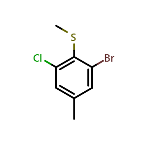 Chemical structure of (2-bromo-6-chloro-4-methylphenyl)(methyl)sulfane , CAS 2710534-06-6, AChemBlock AD295397