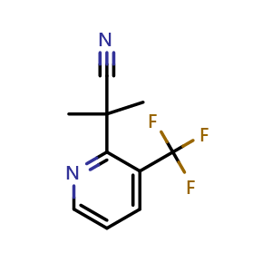 Chemical structure of 2-methyl-2-(3-(trifluoromethyl)pyridin-2-yl)propanenitrile , CAS 1856611-66-9, AChemBlock AD295425