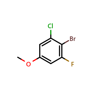 Chemical structure of 2-bromo-1-chloro-3-fluoro-5-methoxybenzene , CAS 1785613-61-7, AChemBlock AD295455