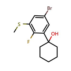 Chemical structure of 1-(5-bromo-2-fluoro-3-(methylthio)phenyl)cyclohexanol , CAS 2918944-70-2, AChemBlock AD295502