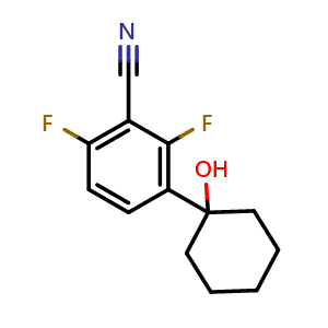 Chemical structure of 2,6-difluoro-3-(1-hydroxycyclohexyl)benzonitrile , CAS 2918870-54-7, AChemBlock AD295503