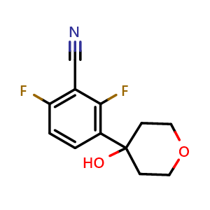 Chemical structure of 2,6-difluoro-3-(4-hydroxytetrahydro-2H-pyran-4-yl)benzonitrile , CAS 2918944-80-4, AChemBlock AD295504