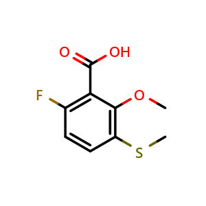 Chemical structure of 6-fluoro-2-methoxy-3-(methylthio)benzoic acid , CAS 1824436-63-6, AChemBlock AD295544