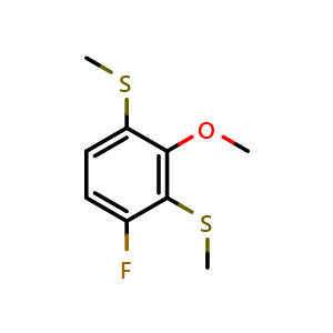 Chemical structure of (4-fluoro-2-methoxy-1,3-phenylene)bis(methylsulfane) , CAS 2918890-63-6, AChemBlock AD295545